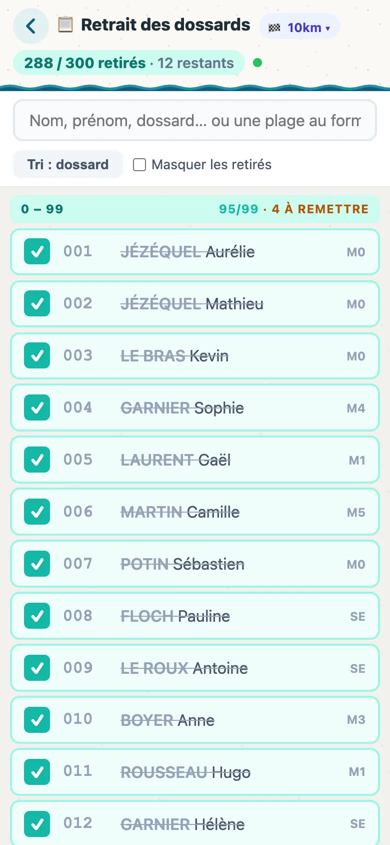 Retrait des dossards sur téléphone avec Chrono Granit : recherche et pointage des coureurs